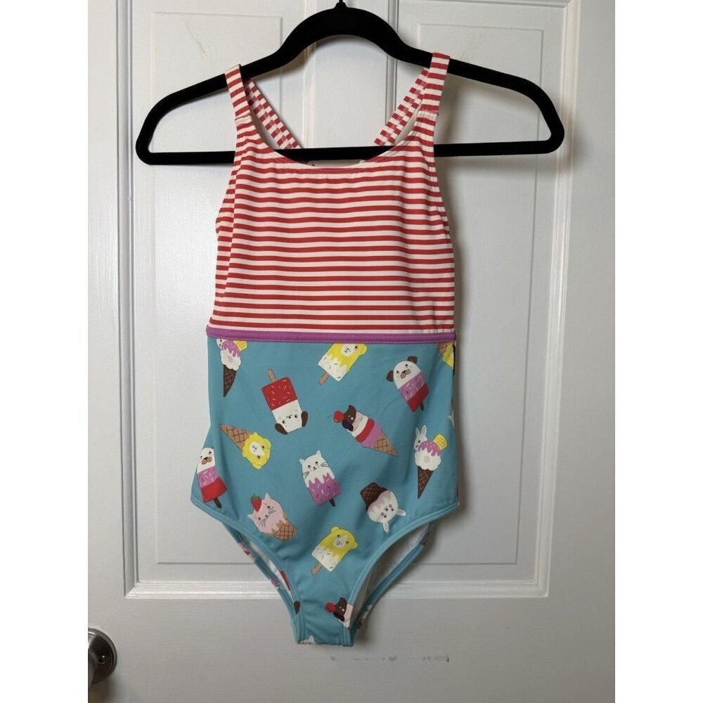 Mini Boden Hotchpotch Girls Swimsuit Stripes Ice Cream Animals Size 11-12Y NWT